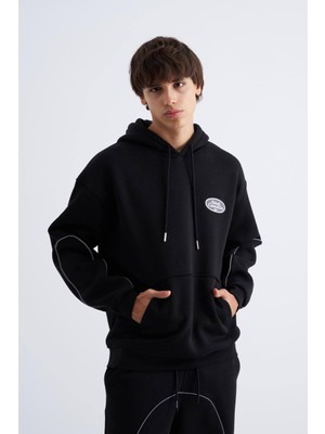 Machinist Erkek Reflektör Detaylı Kapüşonlu Sweatshirt Siyah