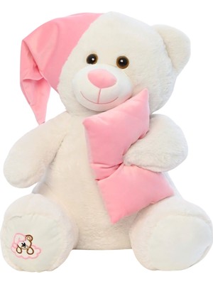 Pufu Toys Pelüş Uyku Arkadaşım Ayıcık 60 cm Beyaz Pembe 03007