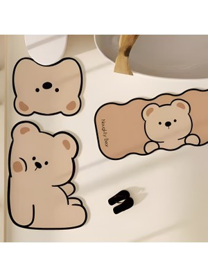 YYB Sevimli Ayıcık Figürlü 3'lü Banyo Paspas Seti - Kaymaz Tabanlı Diatomit Peluş Banyo Halısı