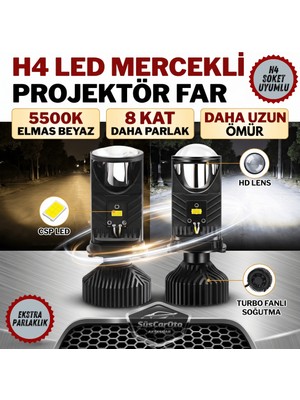 ŞüsCarOto Aksesuar H4 Lazer Mercekli Far Ampulü Ufuk Çizgili Otomobil Araç Motosiklet Uyumlu Profesyonel Mini Projektör LED Beyaz LED Xenon Lamba Şimşek Etkili Uzun Kısa 2 Adet 9/36V