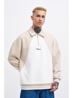 Machinist Erkek Işleme Detaylı Polo Sweatshirt Ekru-Açık Bej