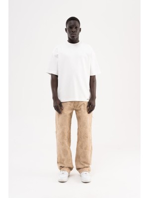 Machinist Erkek Yıpranmış Desenli Baggy Jean Pantolon Bej