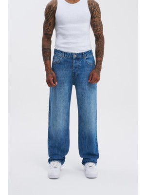 Erkek Machinist Loose Fit Jean Pantolon Mavi