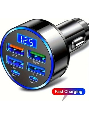 Kaufhier 6 Portlu Hızlı Araç Şarj Cihazı – 4 USB + 2 Typec Çıkışlı Dijital Göstergeli Oto Şarjı