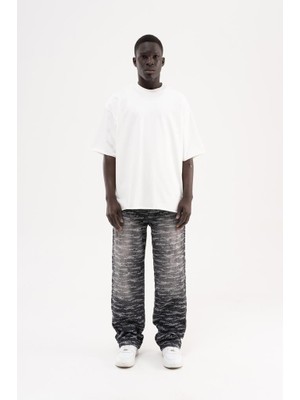 Machinist Erkek Desenli Jakarlı Baggy Jean Pantolon Siyah