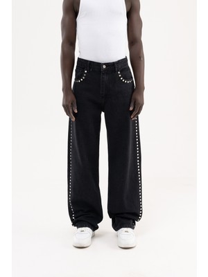 Machinist Erkek Studs Embellished Baggy Jean Pantolon Siyah