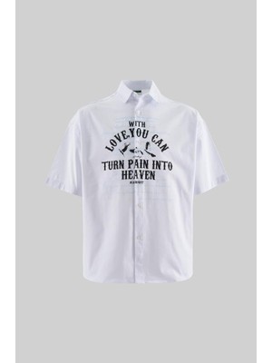 Machinist Erkek Printed Pamuk Oversize Gömlek Beyaz