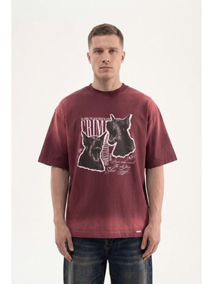 Machinist Erkek Dog Printed Oversize Tişört Vişne
