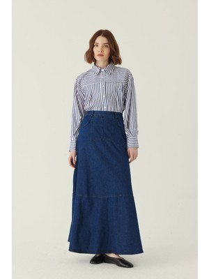 Zülays Dikiş Detaylı Denim Etek Mavi