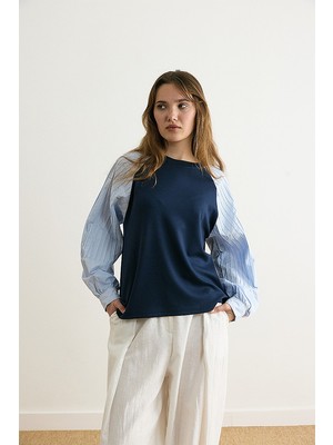 Zülays Poplin Kol Detaylı Bluz Lacivert