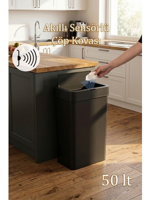 Porsima Me-05-1 Hareket Sensörlü Sessiz Kapatma Çöp Kutusu Banyo Mutfak Çöp Kovası Kapaklı Banyo Çöp Kovası kirli çamaşır sepeti 2 Adet Aa Pil Siyah 50LT
