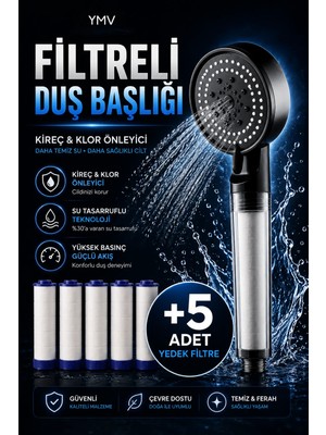 YMV Turbo Filtreli Duş Başlığı 5 Yedek Filtreli Kireç ve Klor Önleyici Yüksek Basınçlı Su Tasarruflu Banyo Duşu