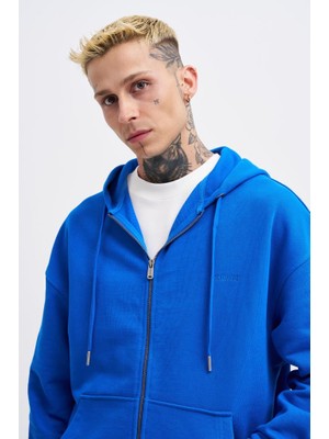 Machinist Erkek Basic Diagonal Fermuarlı Kapüşonlu Sweatshirt Açık Mavi