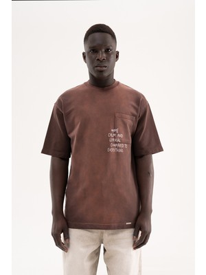 Machinist Erkek Printed Pocket Oversize Tişört Koyu Kahverengi