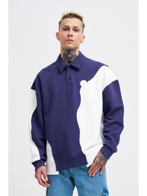 Machinist Erkek Distressed Stitch And Embroidered Polo Sweatshirt Gece Mavisi-Ekru