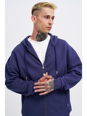 Machinist Erkek Basic Diagonal Fermuarlı Kapüşonlu Sweatshirt Gece Mavisi