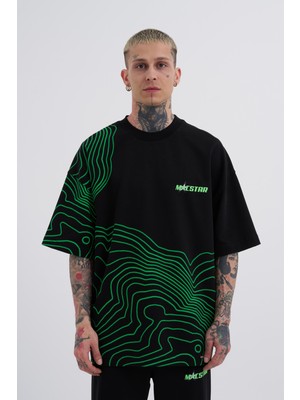 Machinist Erkek Striped Macstrar Oversize Tişört Siyah-Erik Yeşil
