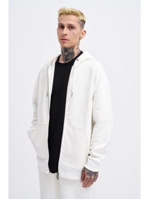 Machinist Erkek Basic Diagonal Fermuarlı Kapüşonlu Sweatshirt Ekru