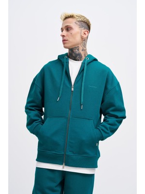 Machinist Erkek Basic Diagonal Fermuarlı Kapüşonlu Sweatshirt Yağ Yeşili
