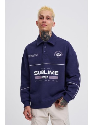 Machinist Erkek Sublime Printed Polo Sweatshirt Gece Mavisi