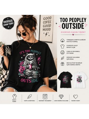 Tişört Kodu Too Peopley Oversize Kadın Tişört – Vintage Cat & Coffee Graphic Tee