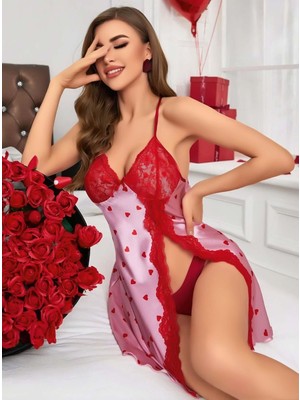 Beruflic Kadın Kırmızı Kalp Desenli Saten Gecelik 2220 Under Moda