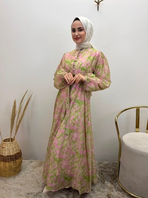 JOOQSTORE Düğme Detaylı Yaprak Desenli Elbise