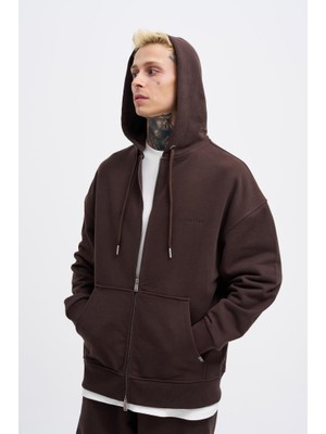 Machinist Erkek Basic Diagonal Fermuarlı Kapüşonlu Sweatshirt Koyu Kahverengi