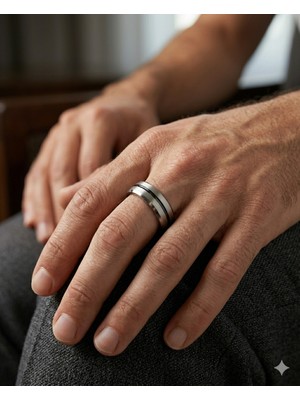 Celikchi Erkek Siyah Çizgi Detay Gümüş Renk 6 mm Tungsten Yüzük