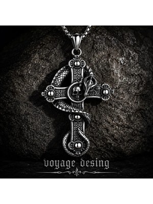 Viking Paslanmaz Çelik Antrasit Renk Gotik Ouroboros Yılan ve Kurukafa Detaylı Kolye
