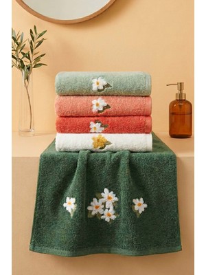 Papatya Nakışlı %100 Pamuklu 5\'li Havlu Seti 50X90 cm