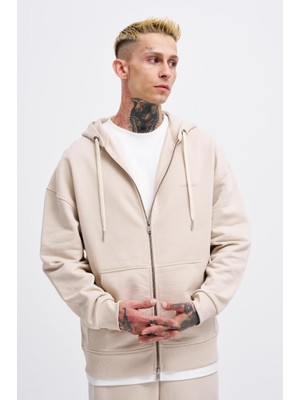 Machinist Erkek Basic Diagonal Fermuarlı Kapüşonlu Sweatshirt Açık Bej