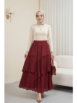 Moda Morfo Beli Lastikli Keten Vual Katlı Etek -Bordo