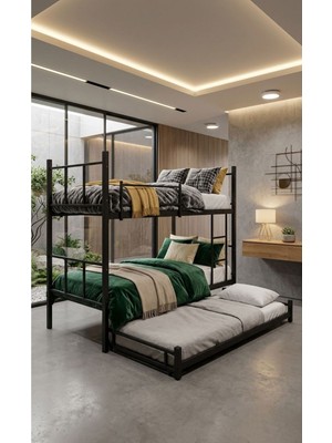 Sofmina Yavrulu Ranza 90X190 Yatak Uyumlu 3 Kişilik Siyah Metal Ranza Karyola