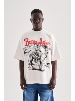 Machinist Erkek Born Again High Printed Oversize Tişört Ekru