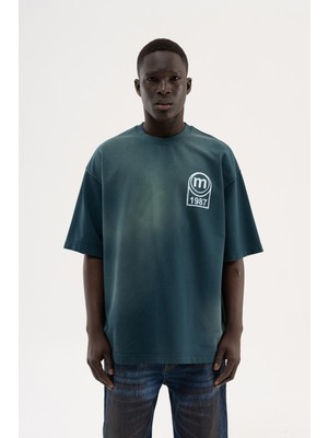 Machinist Erkek M Logo Baskılı Yıkamalı Oversize Tişört Yağ Yeşili