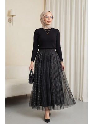 Moda Morfo Kare Desen Beli Lastikli Astarlı Tül Etek -Siyah