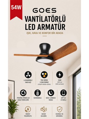 Goes LED Işıklı Tavan Vantilatörü Avize Armatür 80CM 54W 6 Hız Kademeli Kumandalı Telefon Uygulaması Kontrollü Gva-54