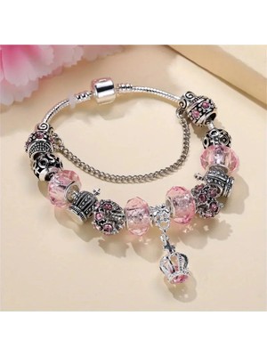 Takantakana Pandora Tarz Gümüş Charm Bileklik Pembe Crystal Taç Quenn Kalp