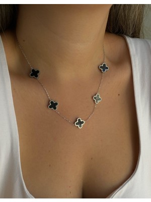 Owentis Çelik Silver Siyah 5 Motif Oniks Ikonik Kolye 45 cm -Kararma Yapmaz-