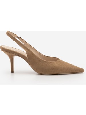 Marjin Kadın Stiletto Sivri Burun Arkası Açık Atkılı Kısa Klasik Topuklu Ayakkabı Dorve Camel Süet