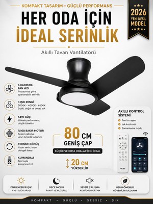 Kılıforyum 80 cm Akıllı Tavan Vantilatörü LED Aydınlatmalı | Kumandalı & Telefon Kontrollü, 6 Hız, 3 Işık Rengi, Yaz/kış Modu, Sessiz Motor