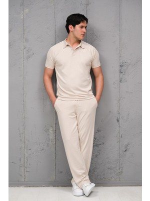 Mass Plus Regular Fit Likralı Kendinden Çizgili Yarım Baggy Pantolonlu T-Shirt Takım