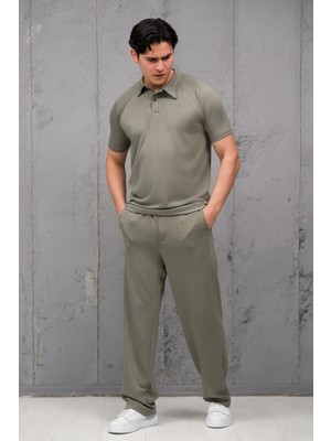 Mass Plus Regular Fit Likralı Kendinden Çizgili Yarım Baggy Pantolonlu T-Shirt Takım