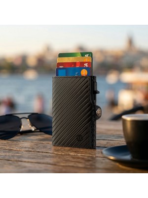 Trusador Palma Carbon Mekanizmalı Ikiye Katlanır Kartlık Hakiki Deri Cüzdan Unisex Kadın Erkek Rfid Korumalı