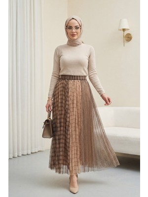 Moda Morfo Kare Desen Beli Lastikli Astarlı Tül Etek -Vizon