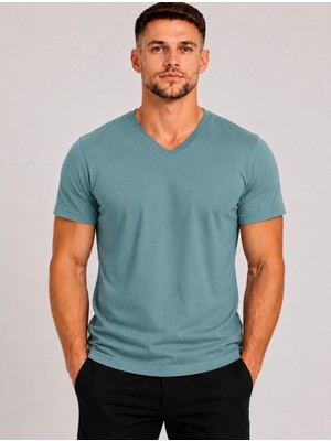 Axxel Erkek Mint Yeşili Pamuklu V Yaka Kısa Kollu T-SHIRT-D804