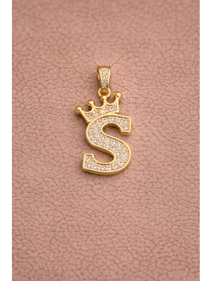 Owentis Çelik Gold Taşlı Crown S Harf Kolye -Kararma Yapmaz-