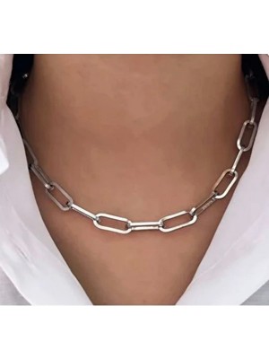 Nisa Baby Modern Dikdörtgen Zincir Gümüş Renk Çelik Kolye