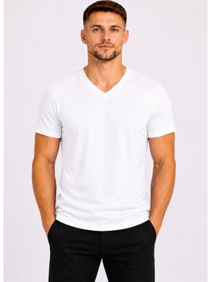 Axxel Erkek Beyaz Pamuklu V Yaka Kısa Kollu T-SHIRT-D804